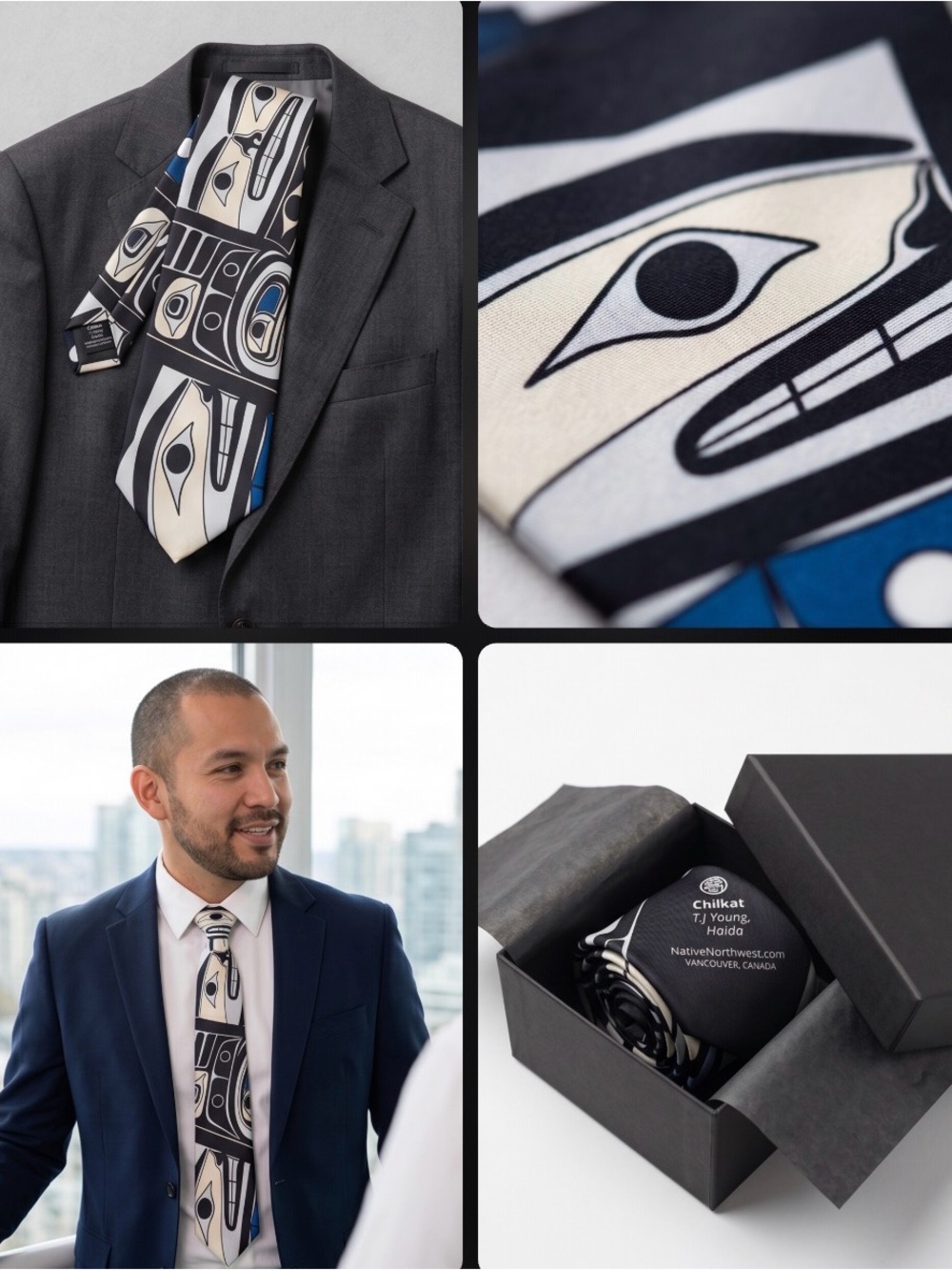 Stunning Indigenous Chilkat Young Haida Black Blue Cream  Men's Neck Tie